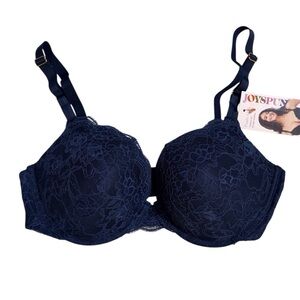 Push up bra medium lift plunge neckline In navy blue lace 36D underwire NWT